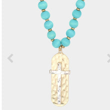 Load image into Gallery viewer, SK Cross Acent Hammered Metal / Wood Necklace
