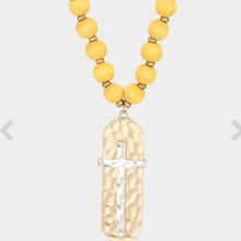 Load image into Gallery viewer, SK Cross Accented Hammered Metal Pendant Wood Necklace
