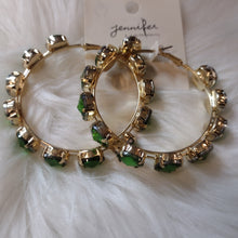 Load image into Gallery viewer, Gold Hoop Earrings Emerald Green Stones
