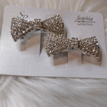 Load image into Gallery viewer, Silver Bow Hair Clips Clear Stones
